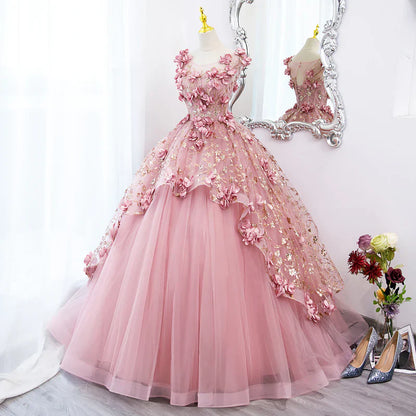 Pink Tulle Long Party Dress With Flowers, Pink Tulle Sweet 16 Dress Formal Dress TP1236