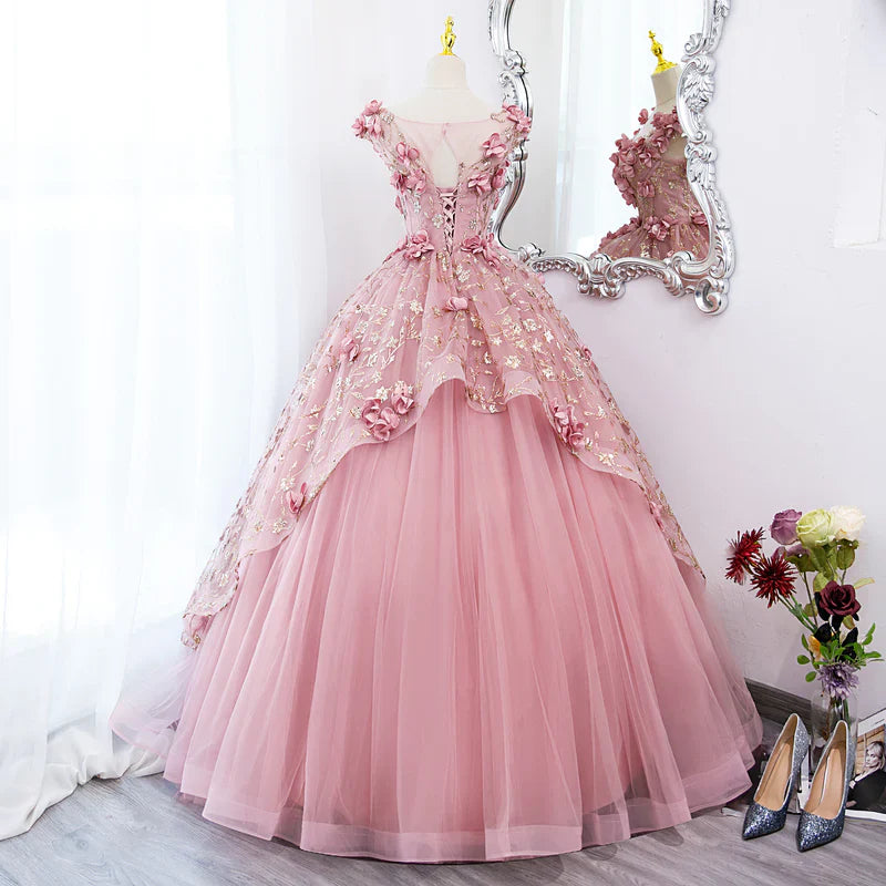 Pink Tulle Long Party Dress With Flowers, Pink Tulle Sweet 16 Dress Formal Dress TP1236