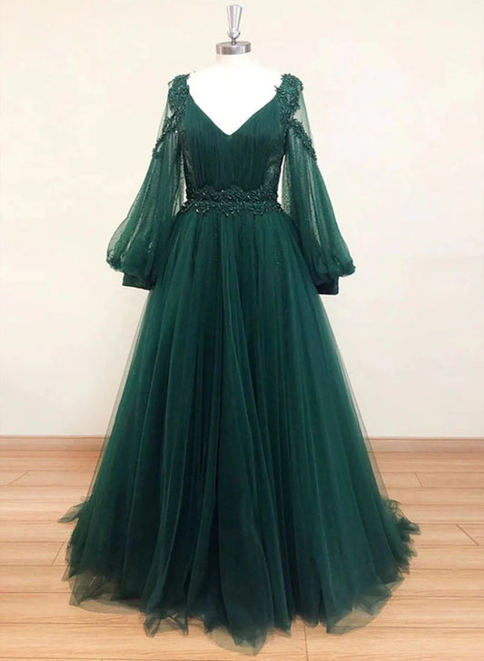 V Neck Long Sleeves Dark Green Lace Prom Dress, A-line Dark Green Lace Formal Evening Dress TP1239