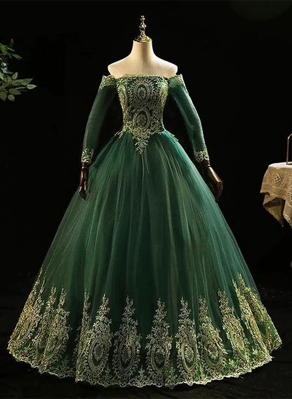 Off the Shoulder Dark Green Formal Dress, Dark Green Tulle Party Dress Evening Dress TP1240