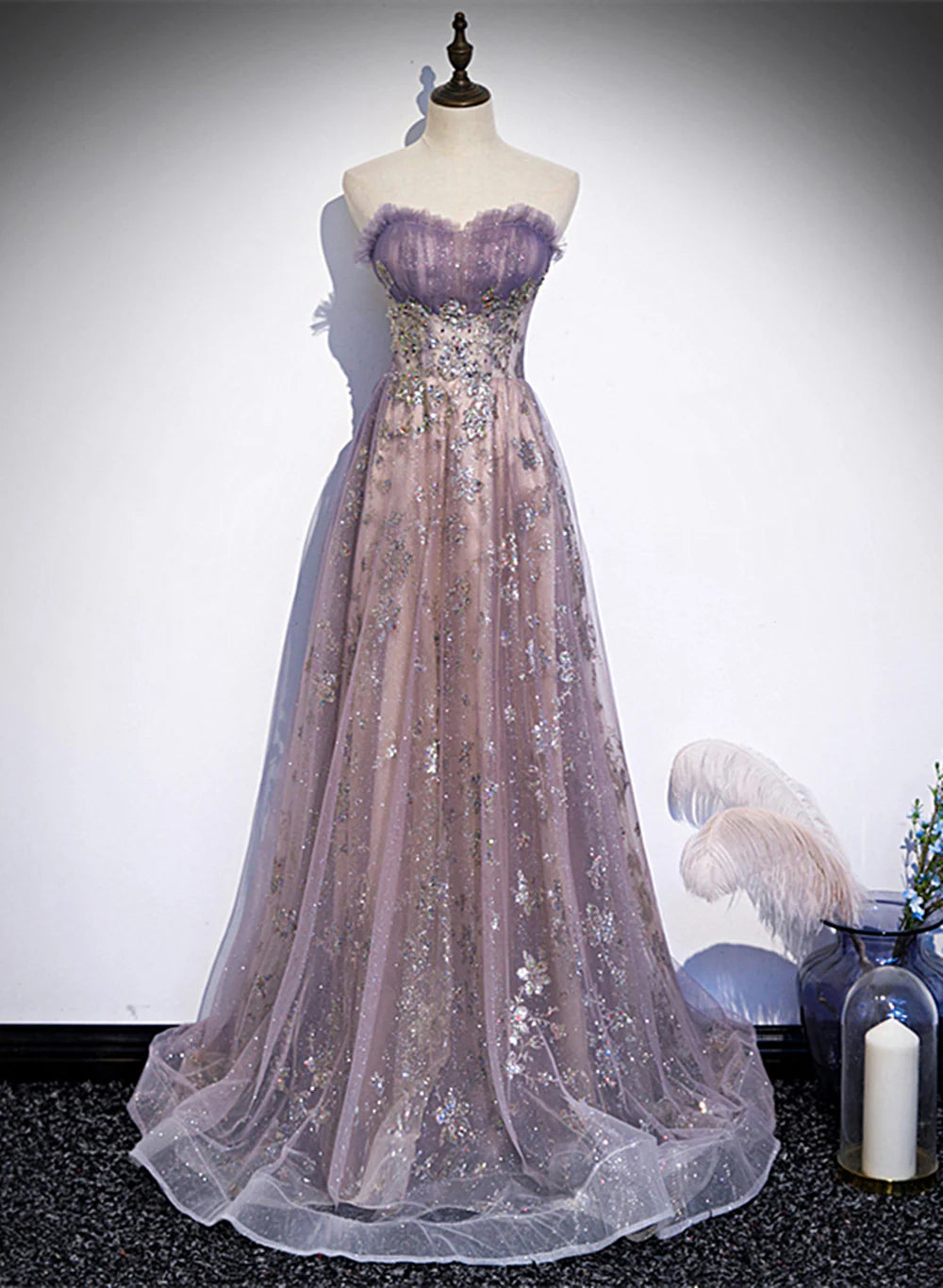 Light Purple Tulle with Lace A-line Party Dress, Purple Long Formal Dress Evening Dress TP1241