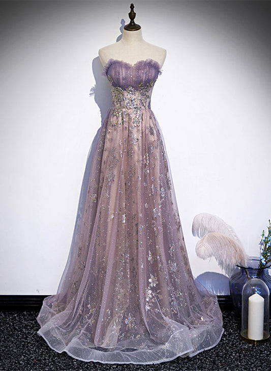 Light Purple Tulle with Lace A-line Party Dress, Purple Long Formal Dress Evening Dress TP1241