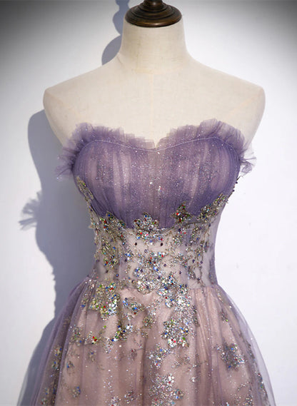 Light Purple Tulle with Lace A-line Party Dress, Purple Long Formal Dress Evening Dress TP1241