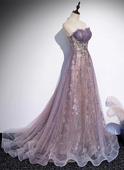 Light Purple Tulle with Lace A-line Party Dress, Purple Long Formal Dress Evening Dress TP1241