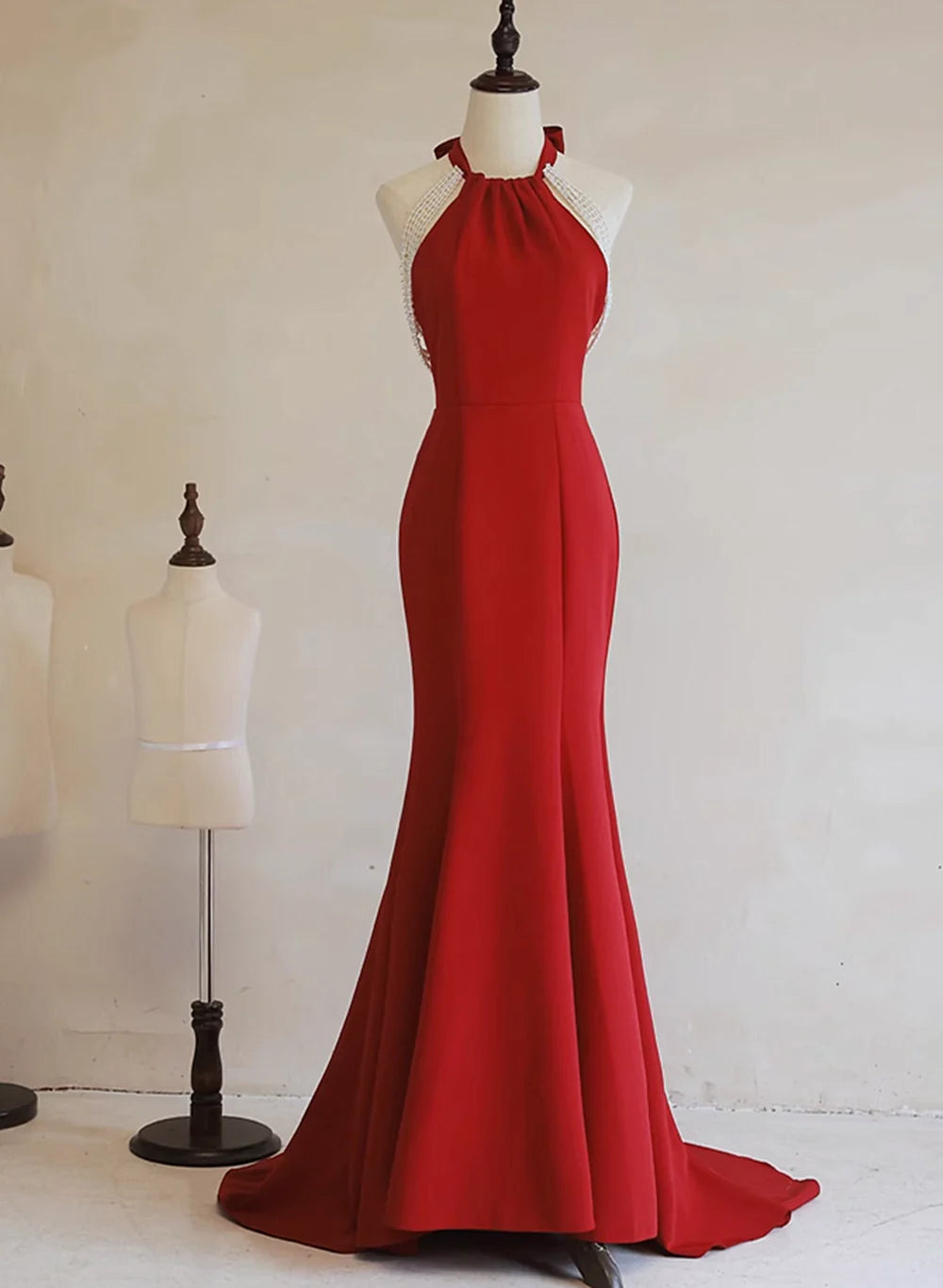 Simple Pretty Red Halter Mermaid Long Formal Dress, Red Long Evening Dress Prom Dress TP1246