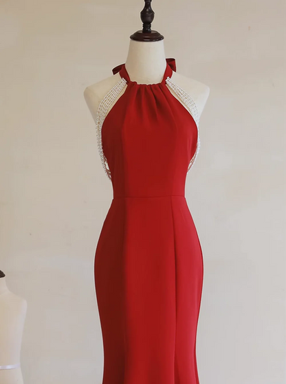 Simple Pretty Red Halter Mermaid Long Formal Dress, Red Long Evening Dress Prom Dress TP1246