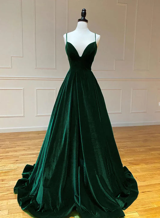 Dark Green A-line Velvet Long Party Dres, Lace-up Green Formal Dress Prom Dress TP1248