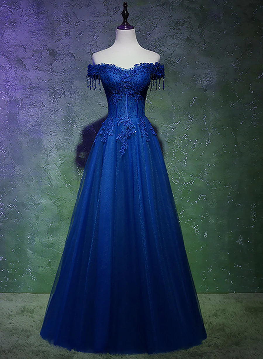 Lovely Blue Tulle with Lace and Beadings Long Party Dress, Blue Long Formal Dress TP1249