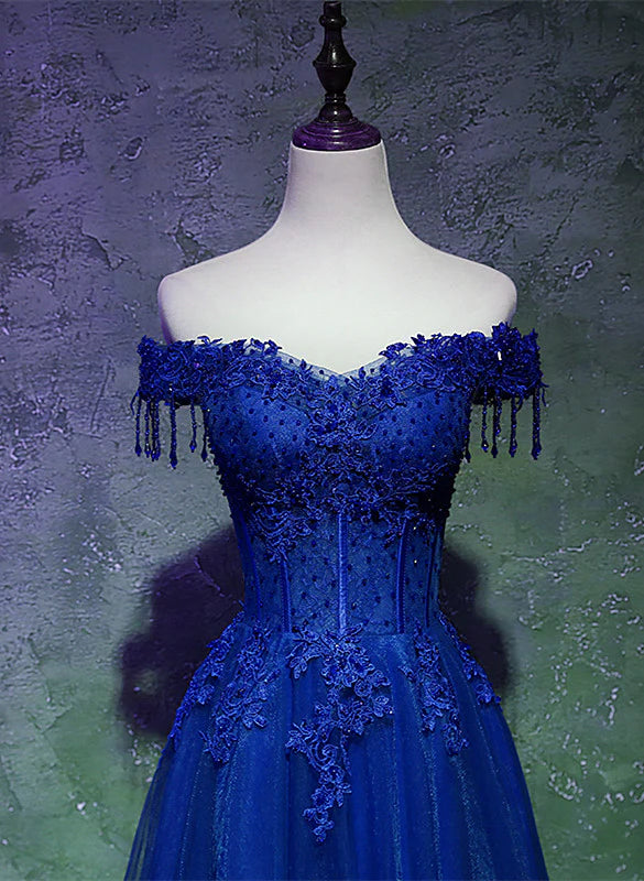 Lovely Blue Tulle with Lace and Beadings Long Party Dress, Blue Long Formal Dress TP1249