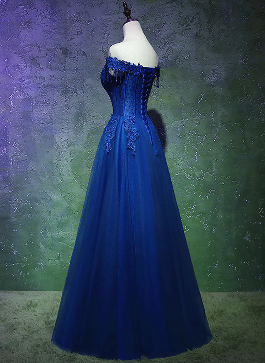 Lovely Blue Tulle with Lace and Beadings Long Party Dress, Blue Long Formal Dress TP1249
