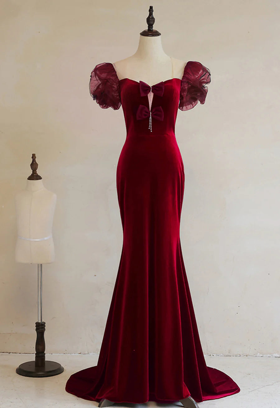 Wine Red Mermaid Long Velvet Wedding Party Dress, Wine Red Prom Dress Formal Dress TP1251