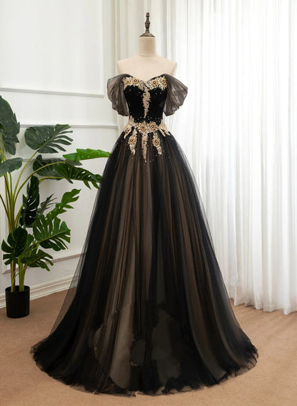 Black and Champagne Tulle Long Party Dress, Off Shoulder Formal Dress Prom Dress TP1252