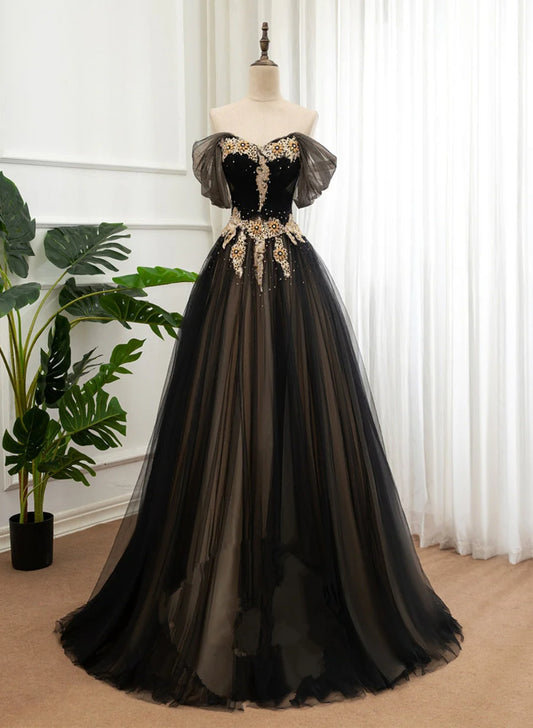 Black and Champagne Tulle Long Party Dress, Off Shoulder Formal Dress Prom Dress TP1252