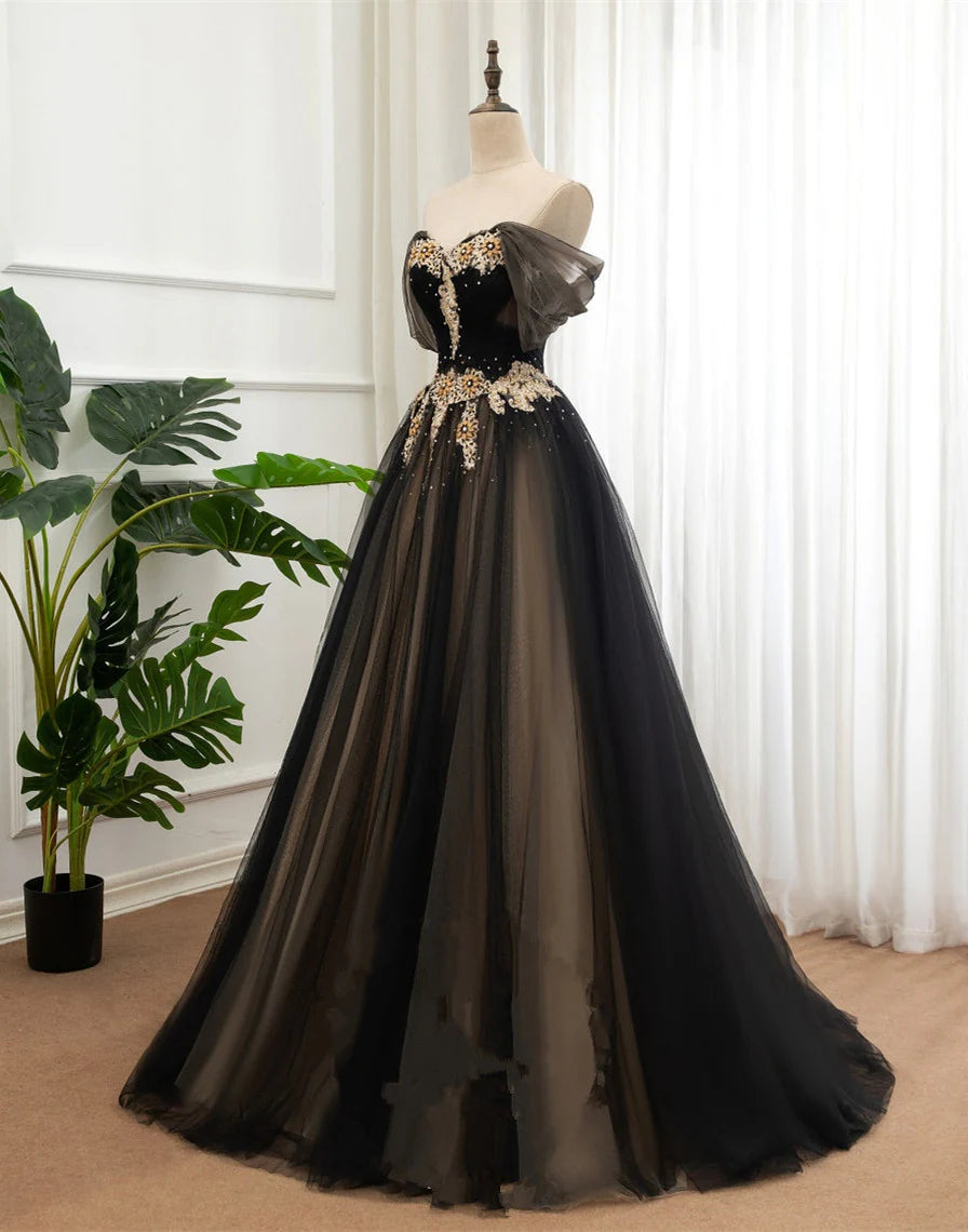 Black and Champagne Tulle Long Party Dress, Off Shoulder Formal Dress Prom Dress TP1252