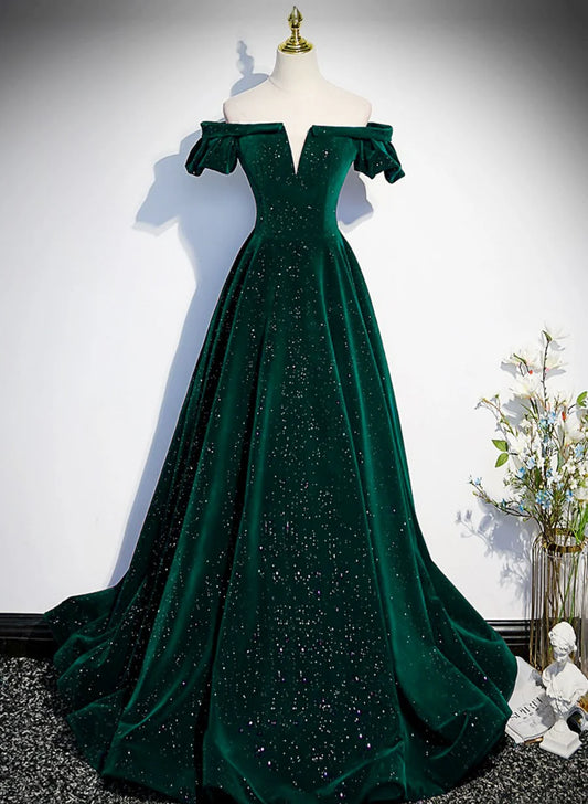 Green Off Shoulder A-line Floor Length Party Dress, Green Long Formal Dress Prom Dress TP1253