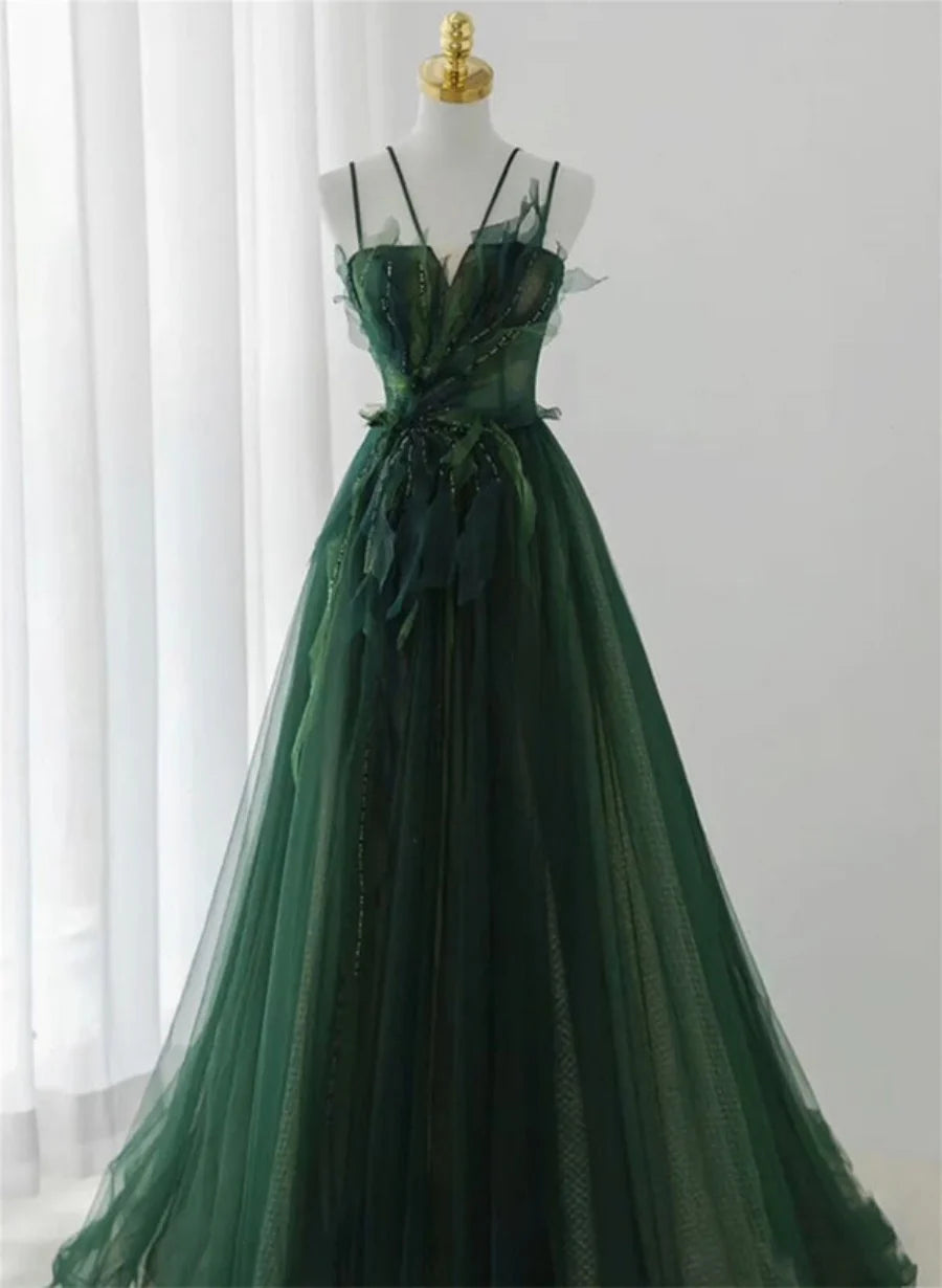 Green Straps Tulle Long A-line Party Dress, Green Floor Length Prom Dress TP1254