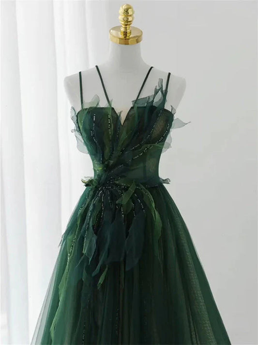 Green Straps Tulle Long A-line Party Dress, Green Floor Length Prom Dress TP1254