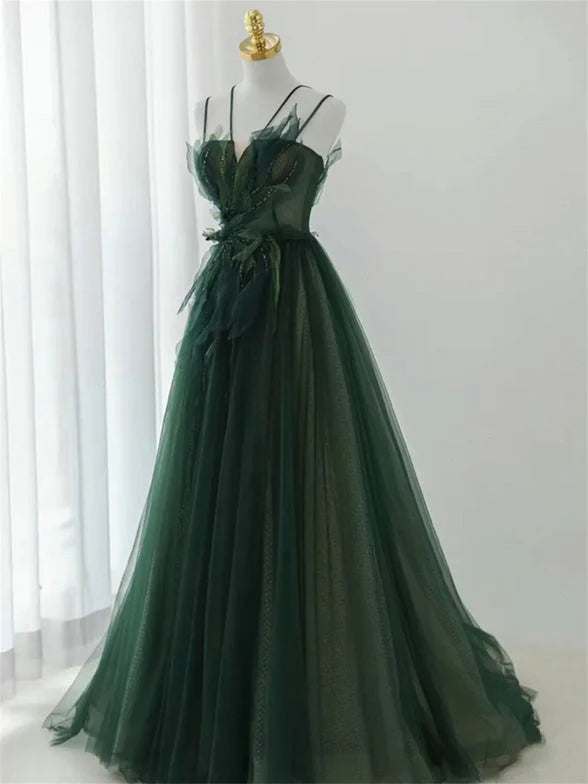Green Straps Tulle Long A-line Party Dress, Green Floor Length Prom Dress TP1254