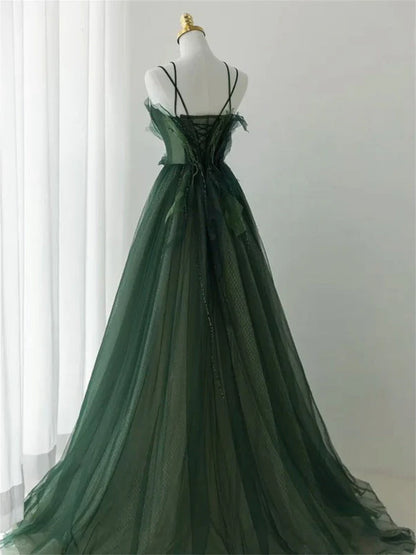 Green Straps Tulle Long A-line Party Dress, Green Floor Length Prom Dress TP1254