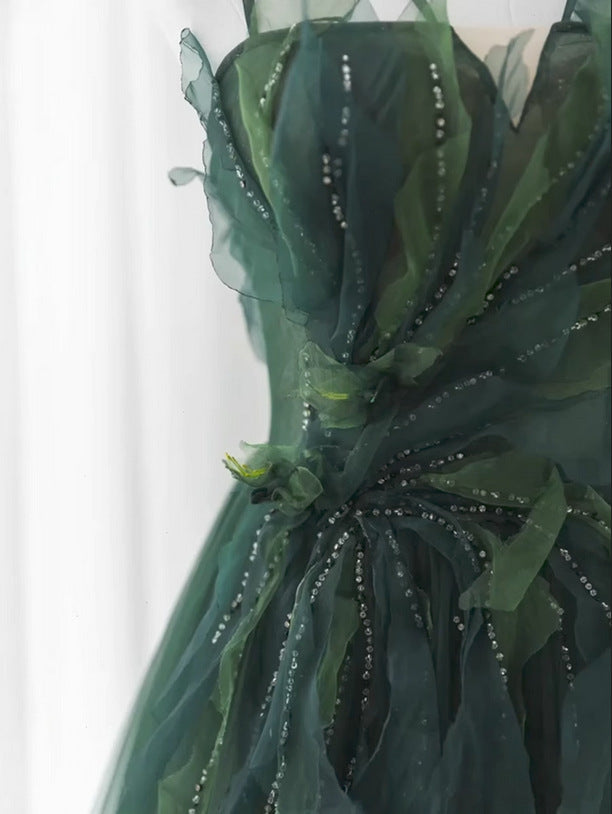 Green Straps Tulle Long A-line Party Dress, Green Floor Length Prom Dress TP1254