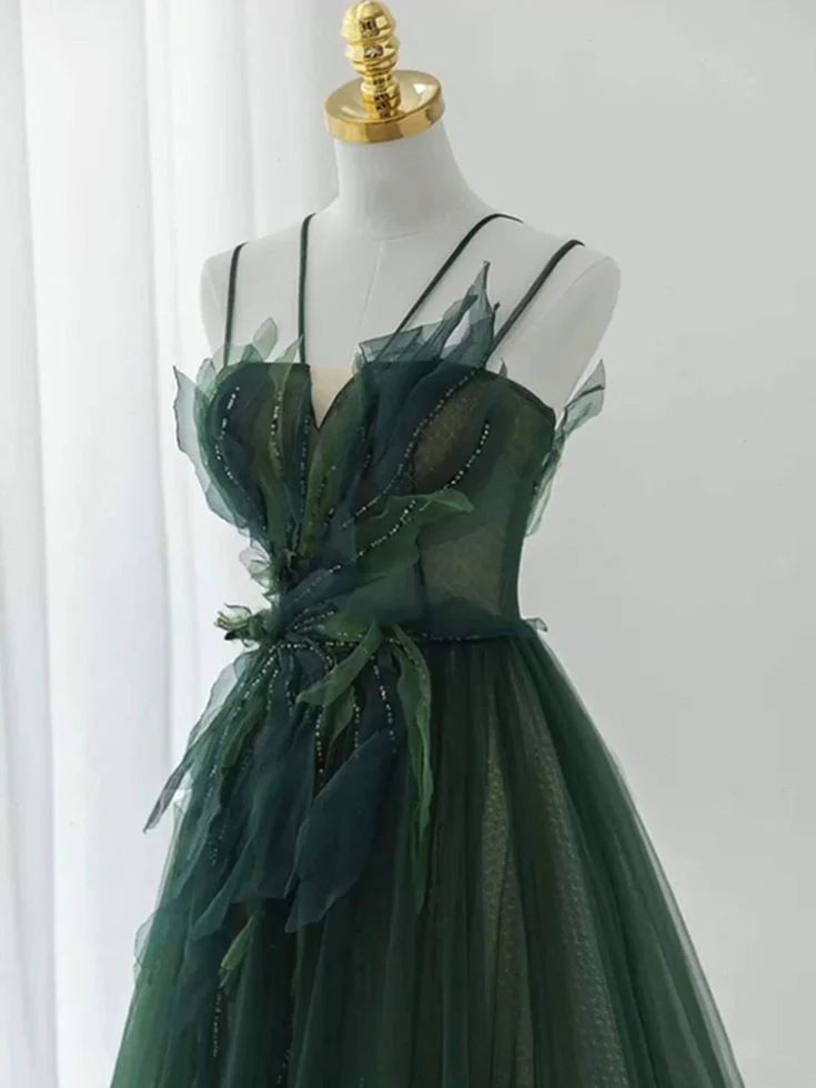 Green Straps Tulle Long A-line Party Dress, Green Floor Length Prom Dress TP1254