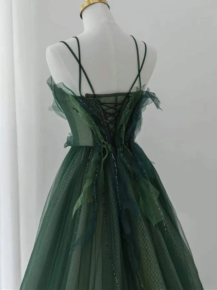 Green Straps Tulle Long A-line Party Dress, Green Floor Length Prom Dress TP1254