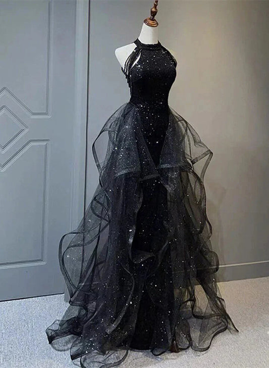 Chic Black Sparkly Halter-Neck A-Line Evening Gown Ruffled Tulle Prom Dress TP1256