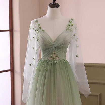Green Gradient Puffy Sleeves Long Party Dress, A-line Beaded Prom Dress TP1257