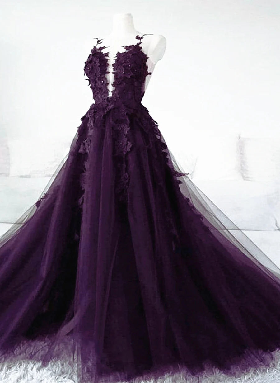 Dark Purple Long Tulle Backless Party Dress, Purple A-line Prom Dress TP1258