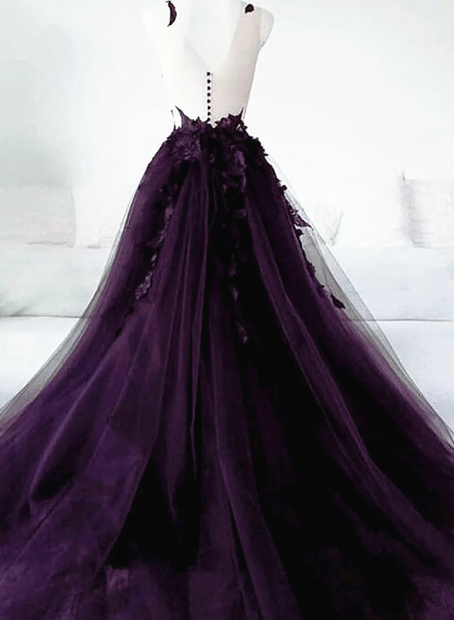 Dark Purple Long Tulle Backless Party Dress, Purple A-line Prom Dress TP1258
