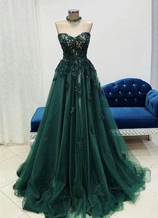 Tulle with Lace Applique Sweetheart Long Formal Dress, Green Floor Length Prom Dress TP1259