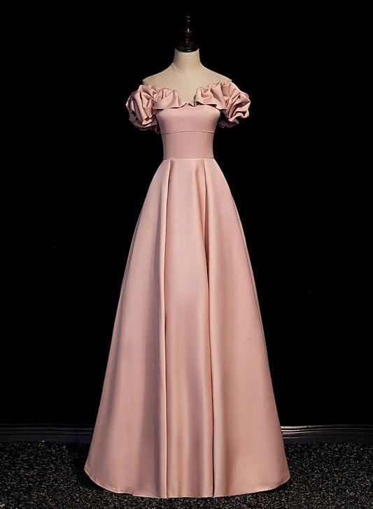 Pink Satin Off Shoulder A-line Prom Dress, Pink Floor Length Party Dress TP1260