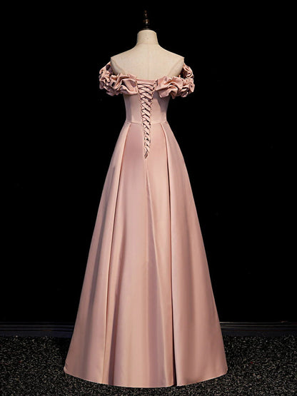Pink Satin Off Shoulder A-line Prom Dress, Pink Floor Length Party Dress TP1260