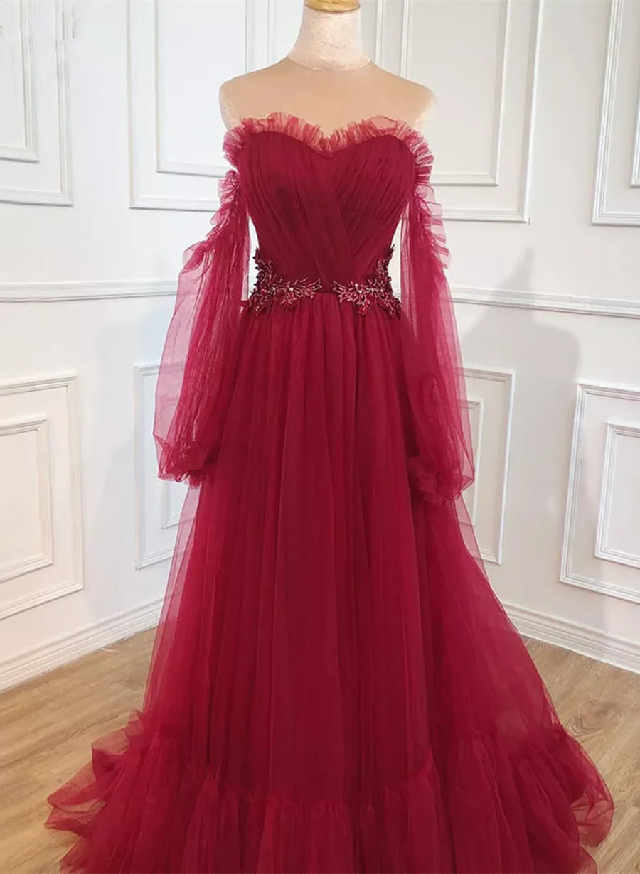 Burgundy Sweetheart Beaded Off Shoulder Party Dress, Burgundy Formal Dress TP1261