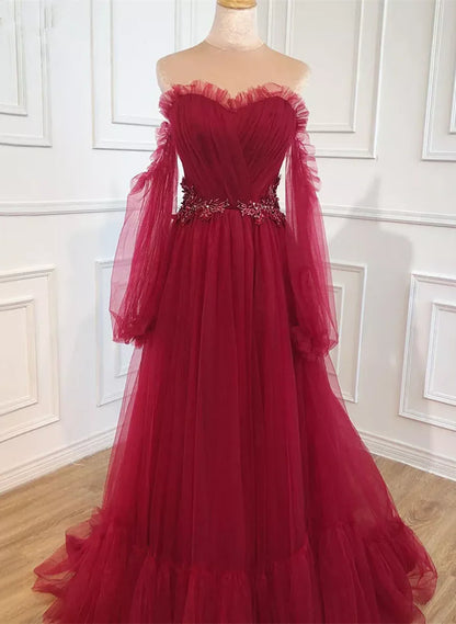 Burgundy Sweetheart Beaded Off Shoulder Party Dress, Burgundy Formal Dress TP1261
