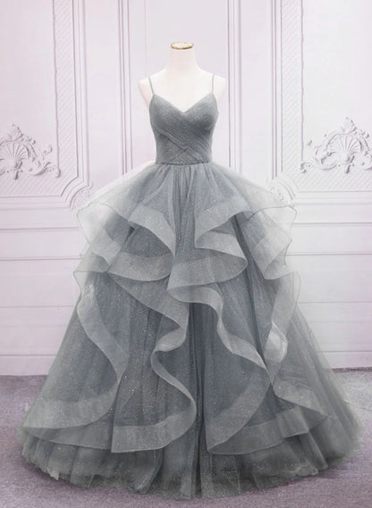Light Grey Tulle Ball Gown Long V-neckline Formal Dress, Grey Wedding Party Dress TP1264