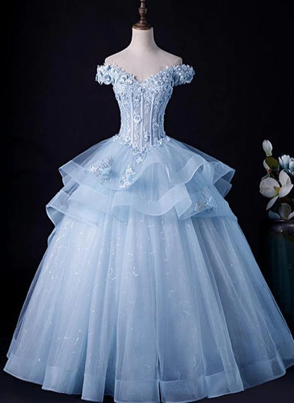 Light Blue Ball Gown Off Shoulder with Lace Sweet 16 Dress, Blue Formal Dress TP1265