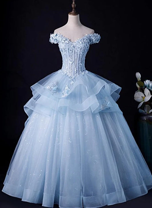 Light Blue Ball Gown Off Shoulder with Lace Sweet 16 Dress, Blue Formal Dress TP1265