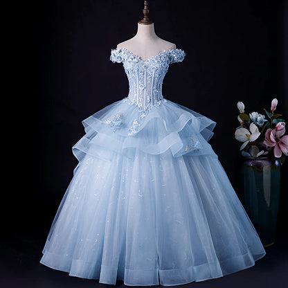 Light Blue Ball Gown Off Shoulder with Lace Sweet 16 Dress, Blue Formal Dress TP1265