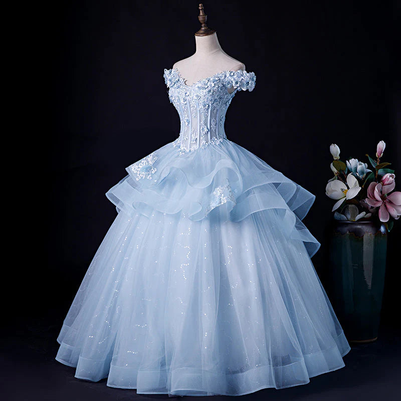 Light Blue Ball Gown Off Shoulder with Lace Sweet 16 Dress, Blue Formal Dress TP1265