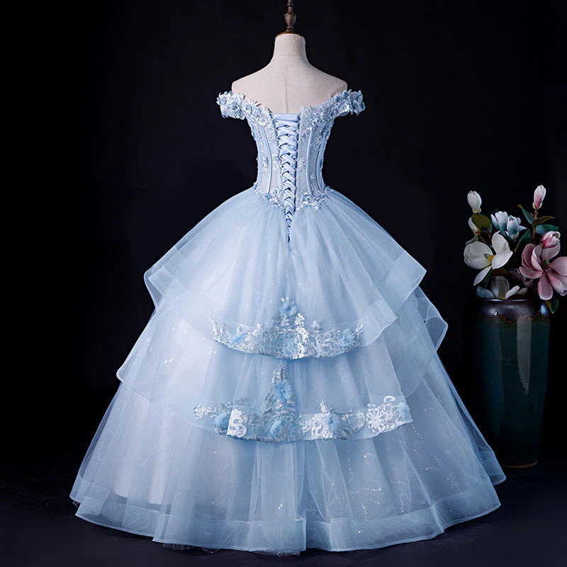 Light Blue Ball Gown Off Shoulder with Lace Sweet 16 Dress, Blue Formal Dress TP1265