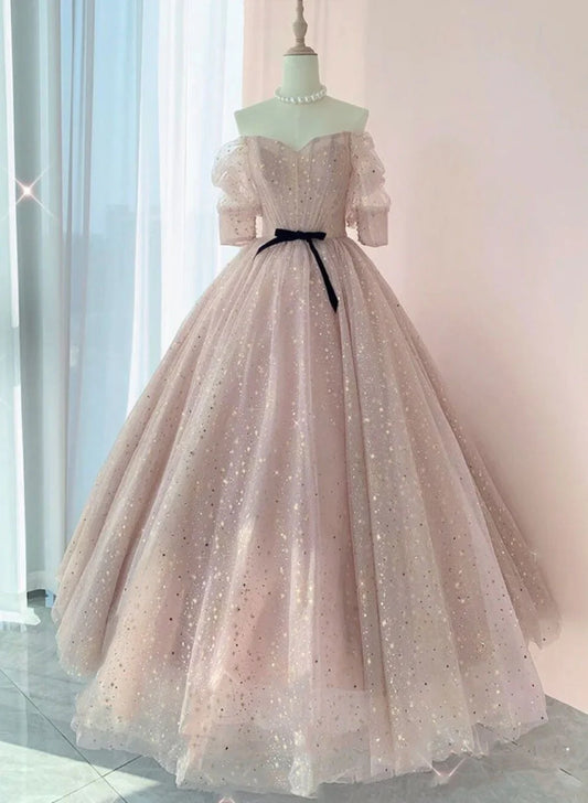 Pink Ball Gown Tulle Long Prom Dress ,Tulle Lace Short Sleeves Party Dress TP1268