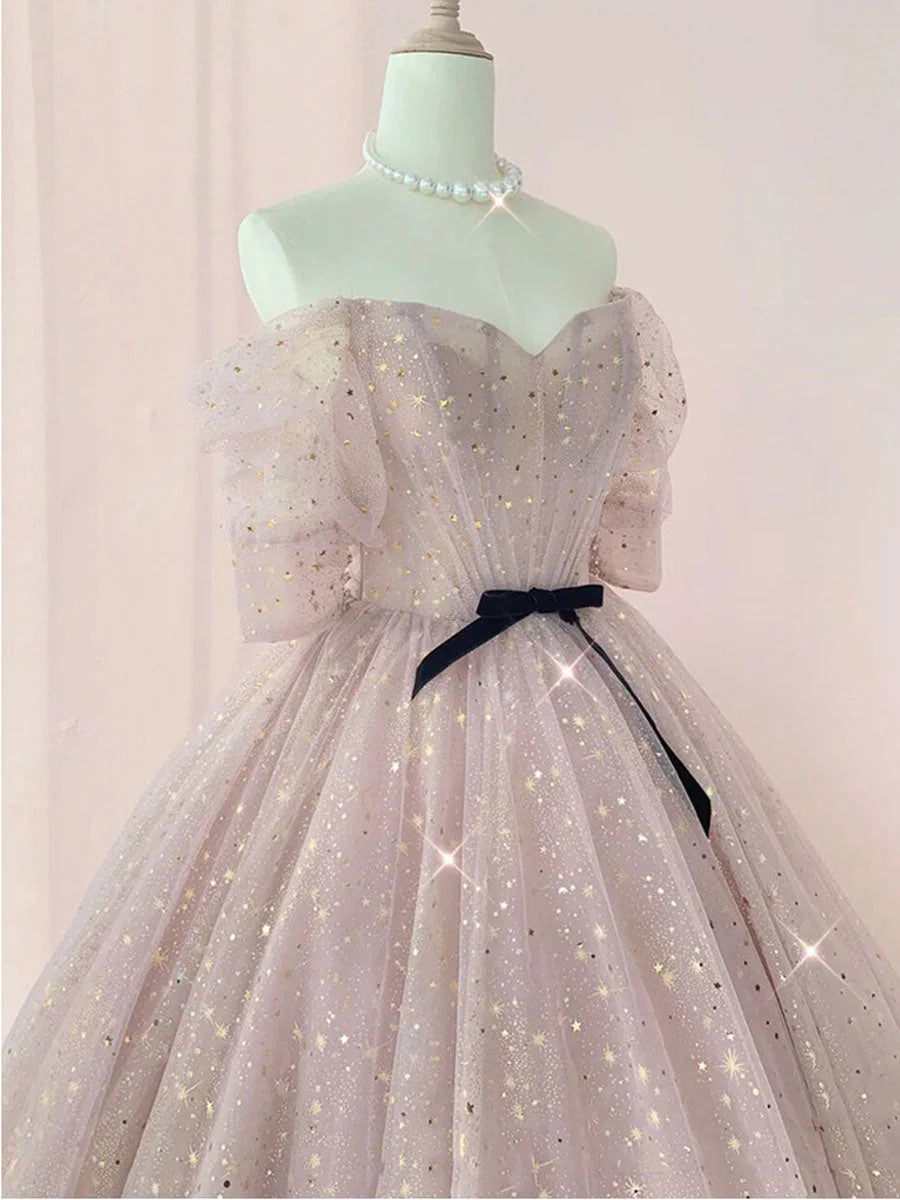 Pink Ball Gown Tulle Long Prom Dress ,Tulle Lace Short Sleeves Party Dress TP1268