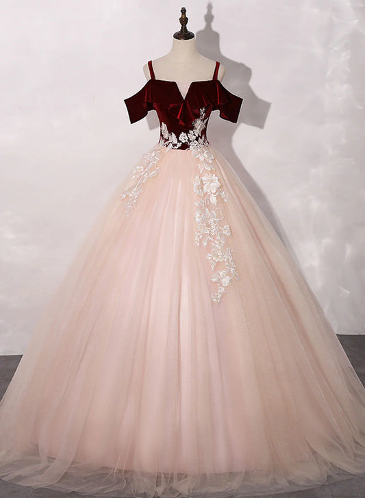 Pink and Wine Red Velvet and Tulle Party Dress, Ball Gown Formal Dress with Lace Applique TP1269