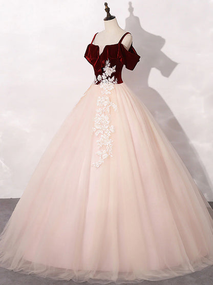 Pink and Wine Red Velvet and Tulle Party Dress, Ball Gown Formal Dress with Lace Applique TP1269