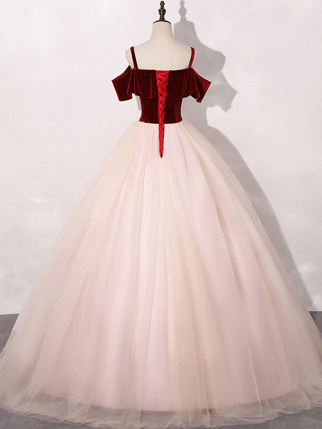 Pink and Wine Red Velvet and Tulle Party Dress, Ball Gown Formal Dress with Lace Applique TP1269