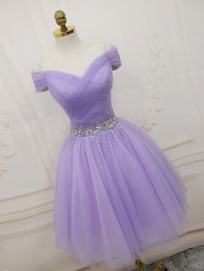 Off Shoulder Lavender Tulle Homecoming Dresses, Beaded Lavender Prom Dress TP1273