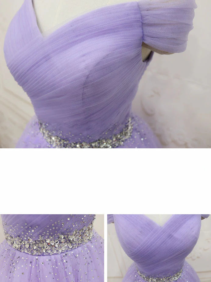 Off Shoulder Lavender Tulle Homecoming Dresses, Beaded Lavender Prom Dress TP1273
