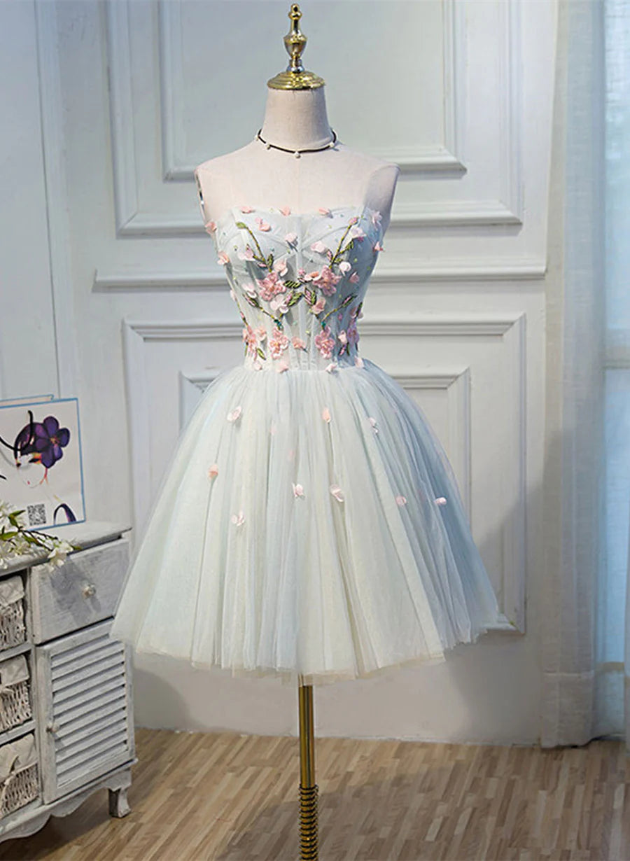 Cute Tulle Knee Length with Flowers Homecoming Dress, Blue Prom Dress TP1274