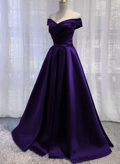 Purple Satin A-line Wedding Party Dress, Purple Long Prom Dress Evening Dress TP1276